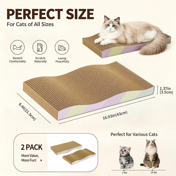Cat Scratching Board 2-Pack, Reversible Cat Scratcher Pad, Large | Odor-Free,Double-Sided Use,Wave Shape,Sturdy,Extra Large,Custom Corrugated Board,2 Count,Cat Toys2