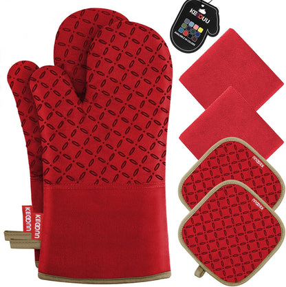 Oven Mitts and Pot Holders 6Pcs Set, Kitchen Oven Glove High Heat Resistant 500 Degree Extra Long Oven Mitts and Potholder with Non-Slip Silicone Surface for Cooking (Red)1