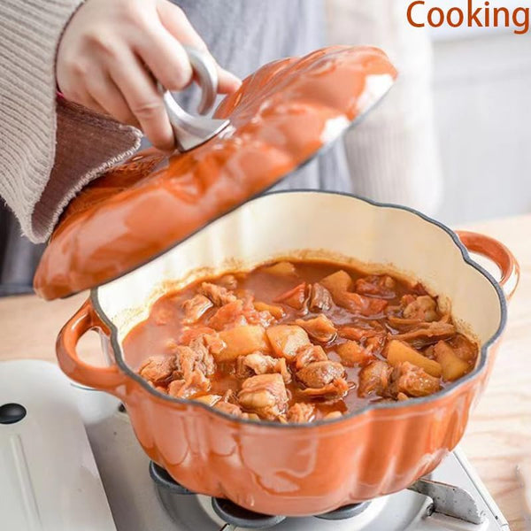 Pumpkin Dutch Oven Pot with Lid, with Lid and Cutlery, Enameled Cast Iron Dutch Oven, Pumpkin Cocotte, Serves 3-5, for Cooking, Porridge, Hot Milk, Stewing Soup, Etc. (Orange)3
