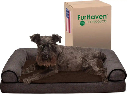 Furhaven Memory Foam Dog Bed for Medium/Small Dogs W/ Removable Bolsters & Washable Cover, for Dogs up to 35 Lbs - Luxe Faux Fur & Performance Linen Sofa - Woodsmoke, Medium14