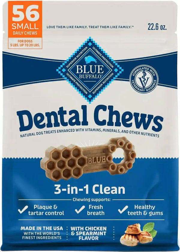 Blue Buffalo Natural Dental Chews for Small Dogs 5-20 Lbs., Chicken & Spearmint, Daily Teeth Cleaning Dog Treats, Enhanced with Vitamins & Minerals, 11.3-Oz. Bag (28 Treat Count)11