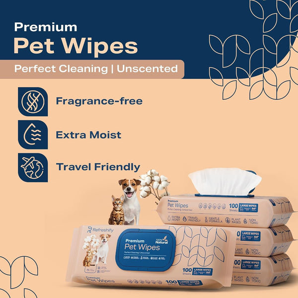 REFRESHIFY Dog Wipes for Paws and Butt - Plant Based Unscented (Pack of 400) - Pet Wipes for Dogs and Cats - Deodorizing Non Toxic Dog Wipes, +12 Additional Travel Wipes2