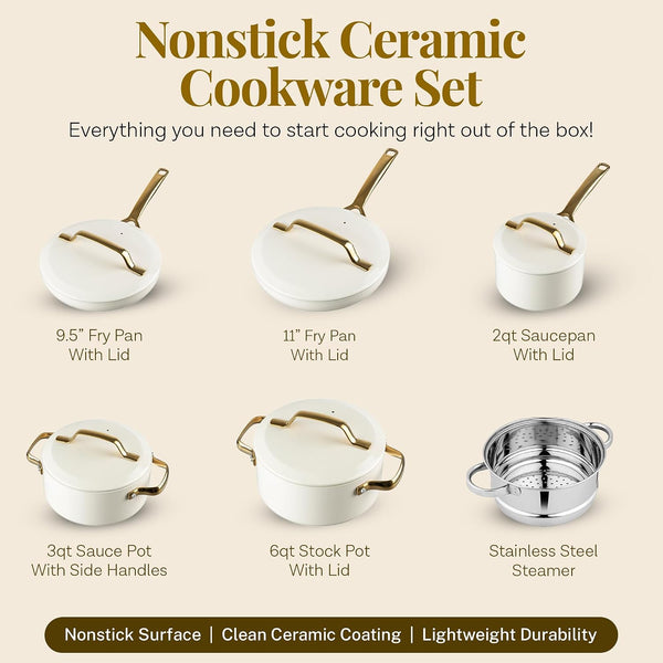 Modern 11 Pc Ceramic Cookware Set, Elegantly Designed Pots and Pans Set Non Stick with Steamer, Induction Bottom, Premium Stay Cool Handles, Non Toxic PFOA Free, Oven & Dishwasher Safe2