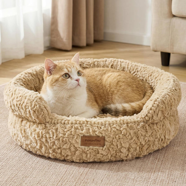 FUKUMARU round Cat Bed, Plush Washable Calming Dog Bed with Low Entry | Raised Bolster Small Dog Bed, Soft Cozy Donut Cat Bed for Indoor Cats, Faux Rabbit Fur & Anti-Slip Bottom, 20 Inch, Brown11