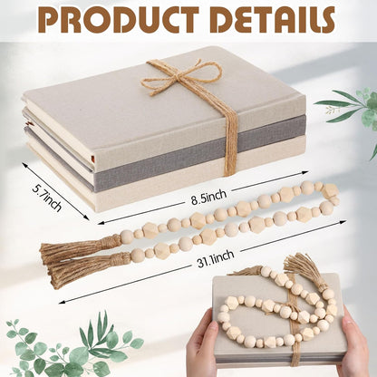 3 Pieces Faux Decorative Books Set for Home Decor,Classical Grey | 8.5" X 5.7" Stacked Linen Notebook, Shelves Coffee Table Display Books with Wood Bead, Bookend Gift for Mantle Living Room2