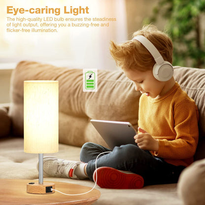 Bedside Table Lamp for Bedroom - Dimmable Touch, USB A+C, AC Outlet | 3-Way Dimmable, LED Bulb Included, Fabric Lampshade, Wood-Grain Metal Base, 14" Small Nightstand Lamp for Desk, Living Room6