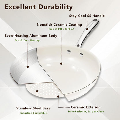 8" Nonstick Ceramic Frying Pan, Small Pan Non Toxic, White | PTFE & PFAS & PFOA Free Ceramic Coating, Dishwasher/Oven Safe, Induction Compatible, Suitable for All Stovetops4