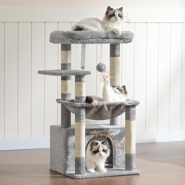 Heybly Cat Tree, Kitten Tower with Large Soft Cat Basket,Cat Condo with Spacious Cat Bed Cave with Hidden Space，Sisal-Covered Scratching Posts,Dangling Ball for Indoor Cats, Light Gray HCT008SW8