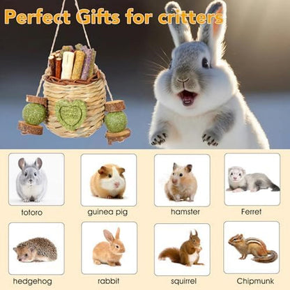 Jorewood Rabbit Chew Toys,Natural Hanging Basket with Sweet Bamboo,Timothy Hay,Peach Sticks for Bunny Chinchillas Guinea Pigs Hamsters Rats Teeth Grinding7