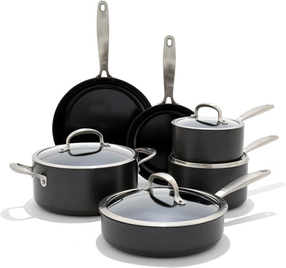 OXO Enhanced 10 Piece Cookware Pots & Pans Set, Pfas-Free Ceramic Nonstick, Durable Hard Anodized Cookware, Scratch Resistant, Stainless Steel Handle, Good Grips, Dishwasher & Oven Safe, Black1
