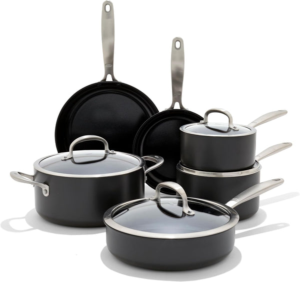 OXO Enhanced 10 Piece Cookware Pots & Pans Set, Pfas-Free Ceramic Nonstick, Durable Hard Anodized Cookware, Scratch Resistant, Stainless Steel Handle, Good Grips, Dishwasher & Oven Safe, Black1