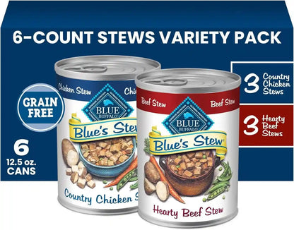 Blue Buffalo Blue’S Stew Variety Pack Hearty Beef & Country Chicken Stew Natural Grain Free Wet Dog Food with Real Meat in Thick Savory Gravy, Natural Ingredients, 12.5-Oz Cans (6 Count)1