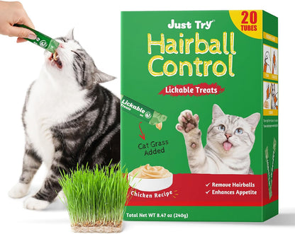 Just Try Lickable Cat Treats, Healthy Cat Grass Treats | 20 Tubes Soft Creamy Hairball Control Relief Functional with Taurine & Vitamin E for Cats1