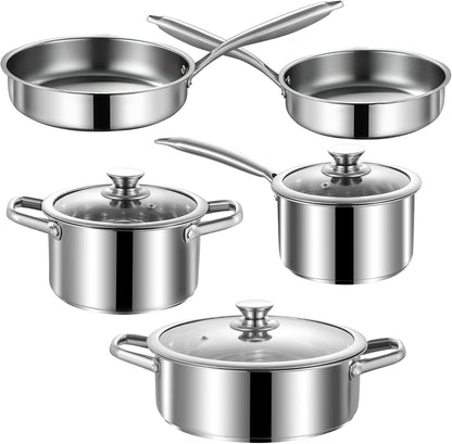 Stainless Steel Pots and Pans Set, 8 Piece Kitchen Induction Cookware Sets with Glass Lids, Works with Induction, Electric and Gas Cooktops, Non Toxic, Oven & Dishwasher Safe1