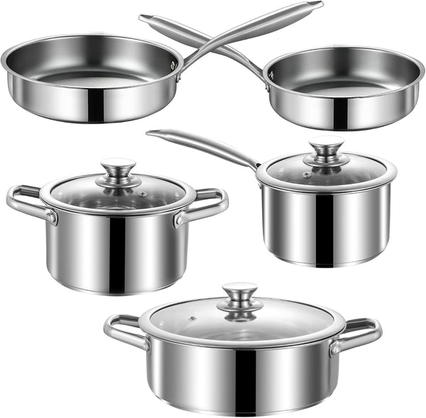 Stainless Steel Pots and Pans Set, 8 Piece Kitchen Induction Cookware Sets with Glass Lids, Works with Induction, Electric and Gas Cooktops, Non Toxic, Oven & Dishwasher Safe1