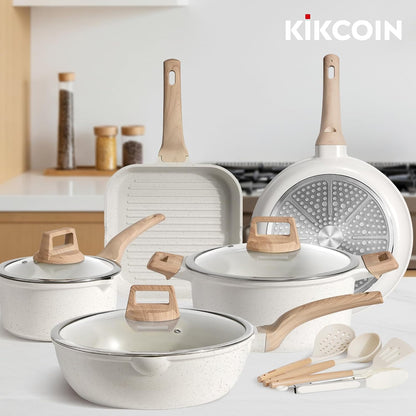 16Pcs Ceramic Pots and Pans Set Non Stick, Includes a 9.5" Grill Pan, Induction Kitchen Cookware Sets, White Nonstick RV Kitchen Camping Cooking Sets Stackable (PTFE, PFOS, PFOA Free)7
