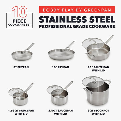 X Bobby Flay 10 Piece Stainless Steel Cookware Set, Tri-Ply Multiclad Pots & Pans, Professional Grade, Oven & Broiler Safe to 600°F, Dishwasher Safe, Durable, Induction Compatible, Silver3
