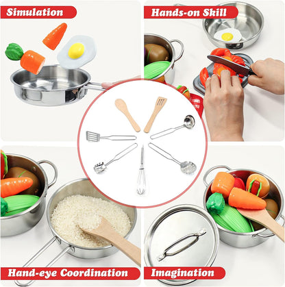 Kids Pretend Play Kitchen Toys Accessories Set, 32Pcs Stainless Steel | Toy Pots and Pans Sets W/ Rack Organizer, Metal Cooking Utensils & Apron, Play Food W/ Basket for Kids Girls Boys Toddlers 3+6