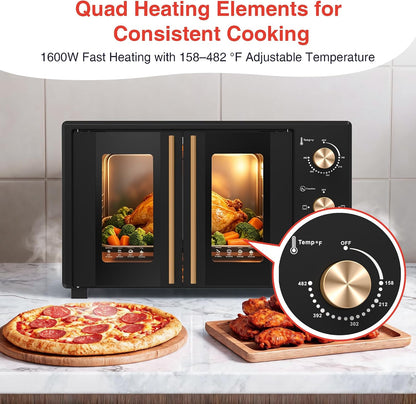 40.1QT XL French Door Countertop Oven, 1600W Extra Large Toaster Oven with 3 Intuitive Knobs, Infared Even Heating for 12" Pizza & Whole Chicken, Easy to Use, Stainless Steel (Black)8