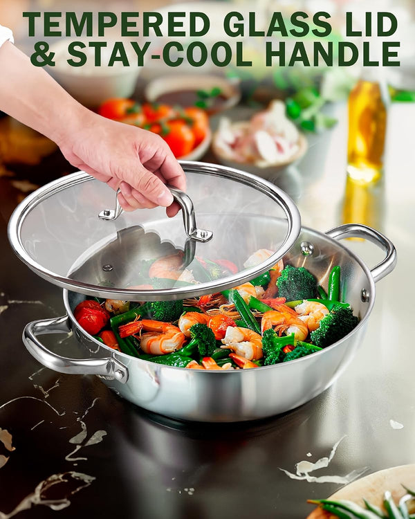 Tri-Ply Clad 12-Inch Stainless Steel Wok Pan with Lid, Flat Bottom Wok Stir Fry Pan, Dishwasher and Oven-Safe, Compatible with All Cooktops4