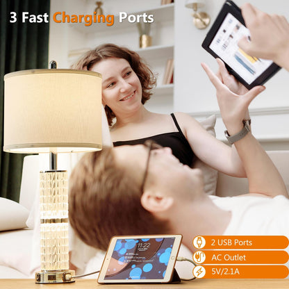 Crystal Table Lamps Bedside for Living Room Bedroom with USB Ports | 3-Way Dimmable Touch Control, Night Light for Nightstand Bedside Lamp, AC Outlets, White Fabric Shade, 27In Morden Lamp4