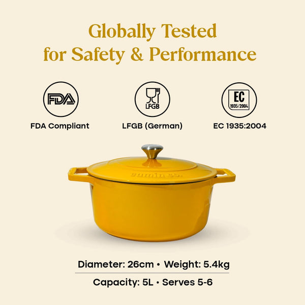 Enameled Cast Iron Dutch Oven/Biryani Pot with Lid, 5 QT Heavy Duty Casserole Pot – Non Toxic PFAS Free Cookware – Oven Safe Bread & Soup Pot – Induction Compatible Enamel Cast Iron (Mustard, 26 CM)2