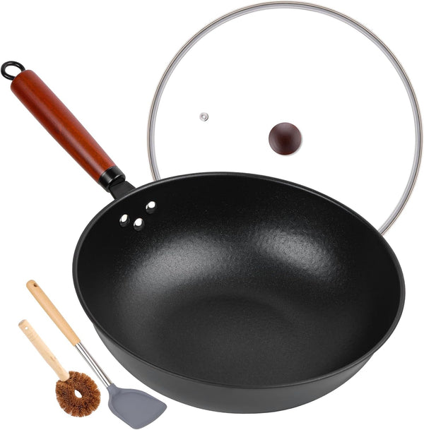Wok, 13" Carbon Steel Woks & Stir-Fry Pans Nonstick with Glass Lid | Pre-Seasoned Flat Bottom Chinese Wok for Electric, Induction, Gas, All Stoves1