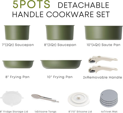 Detachable Nonstick Cookware Set - Stackable Induction Pots and Pans with Removable Handles, Dishwasher Safe - for RV Camping, Oven and Stovetop Use, 5 Pieces (Green)2