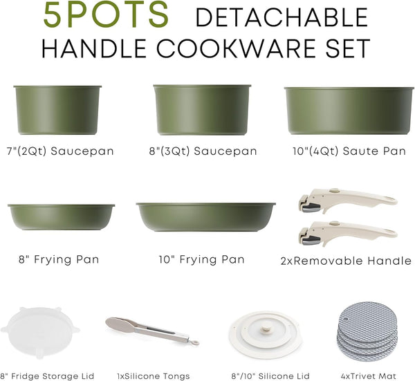 Detachable Nonstick Cookware Set - Stackable Induction Pots and Pans with Removable Handles, Dishwasher Safe - for RV Camping, Oven and Stovetop Use, 5 Pieces (Green)2