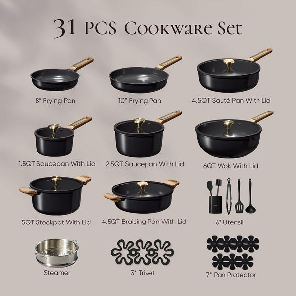 31Pcs Ceramic Cookware Sets, Pots and Pans Set, with Wok | Healthy Kitchen Cooking, Utensils Included, Dishwasher Safe, Easy to Clean, Even Heating, PFAS FREE2