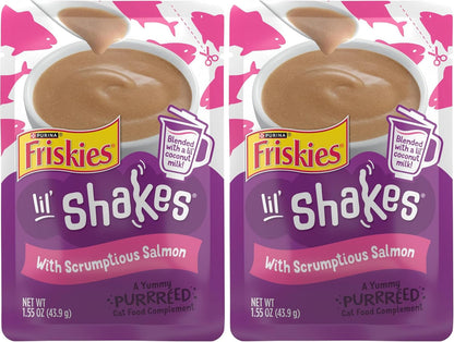 Purina Friskies Pureed Cat Food Topper, Lil’ Shakes with Scrumptious Salmon Lickable Cat Treats - (Pack of 16) 1.55 Oz. Pouches15