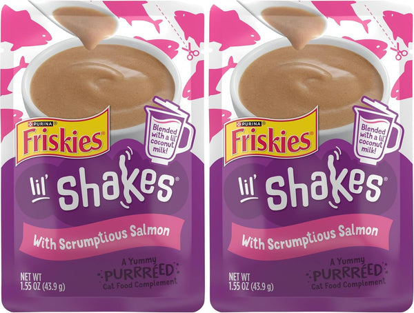 Purina Friskies Pureed Cat Food Topper, Lil’ Shakes with Scrumptious Salmon Lickable Cat Treats - (Pack of 16) 1.55 Oz. Pouches15