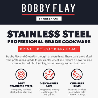 X Bobby Flay 10 Piece Stainless Steel Cookware Set, Tri-Ply Multiclad Pots & Pans, Professional Grade, Oven & Broiler Safe to 600°F, Dishwasher Safe, Durable, Induction Compatible, Silver10