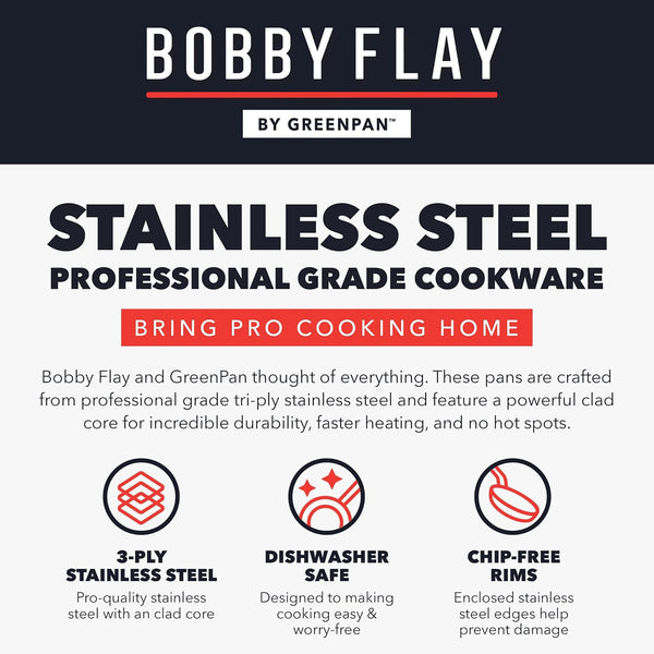 X Bobby Flay 10 Piece Stainless Steel Cookware Set, Tri-Ply Multiclad Pots & Pans, Professional Grade, Oven & Broiler Safe to 600°F, Dishwasher Safe, Durable, Induction Compatible, Silver10