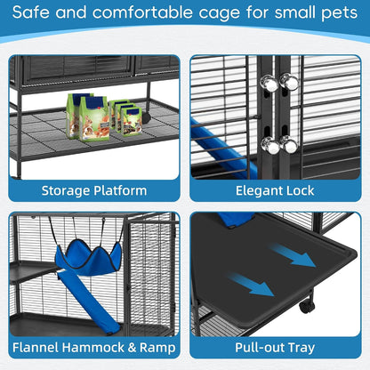 HABUTWAY 40''H Large Metal Rolling Ferrets Cage, 2-Tiers Small Animal Cages, Cage for Rats/Chinchillas, 0.5'' Bar Spacing for Ferret,Small Animal Cage W/Removable Ramp & Platform5