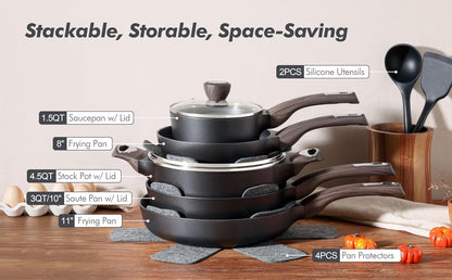 Pots and Pans Set Non Stick, Non Toxic Healthy Induction Cookware Sets, 14 Pcs Non Stick Kitchen Cooking Set with Frying Pans Set & Saucepan, PFOA PFOS APEO Free, Black9