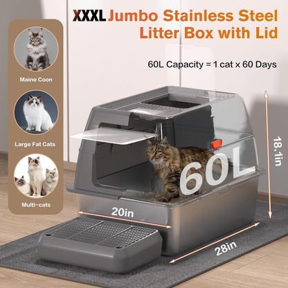 XXXL Stainless Steel Litter Box with Lid, Extra Large 28" Lx20 Dx18.1 H Litter Box for Big Cats, Enclosed Jumbo Metal Litter Boxes with Removable Cover & Footboard, Anti-Leakage,Odorless2