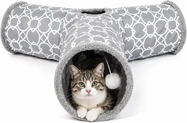 Geometric Straight Cat Tunnel with Plush Inside,Cats Toys Collapsible Tunnel Tube with Balls, for Rabbits, Kittens, Ferrets,Puppy, Diameter 9.8 Inch9