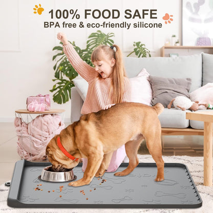 Dog Food Mat 36"X24" - Silicone Dog Mat for Food and Water Large Pet Feeding Mats with Residue Collection Pocket - Waterproof Dog Cat Bowl Mat with High Edges to Prevent Water Food Spills (Gray)7