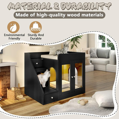 Cat Litter Box Enclosure with Light, Hidden Litter Box Furniture with 2 Storage Drawers & Smart Doors, Cat House Side Table for Living Room Entryway (Black)6