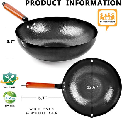 14 Piece Carbon Steel Wok Pan, Woks & Stir-Fry Pans Set with Wooden Lid Cookwares, No Chemical Coated Flat Bottom Chinese Pan for Induction, Electric, Gas, Halogen All Stoves - 12.6''3