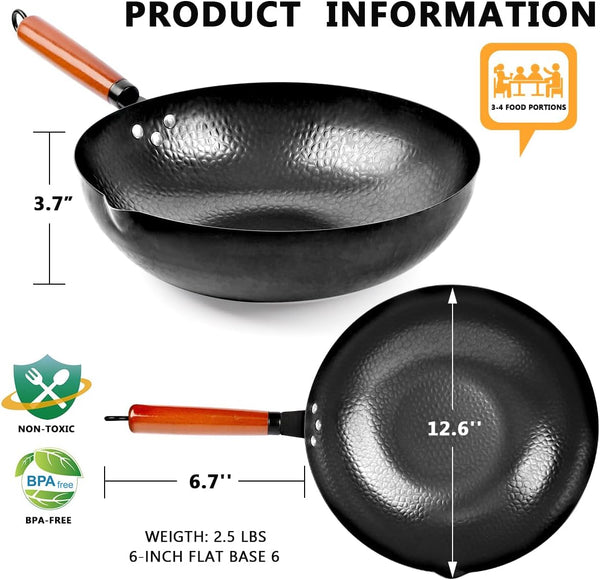 14 Piece Carbon Steel Wok Pan, Woks & Stir-Fry Pans Set with Wooden Lid Cookwares, No Chemical Coated Flat Bottom Chinese Pan for Induction, Electric, Gas, Halogen All Stoves - 12.6''3