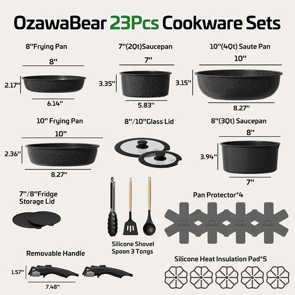 23 Pcs Pots and Pans Set Non Stick, Ceramic Cookware Set Non Toxic with Detachable Handles, Healthy Induction Cookware Oven Safe RV Kitchen Set, PFAS PFOA & PTFE Free, Black2