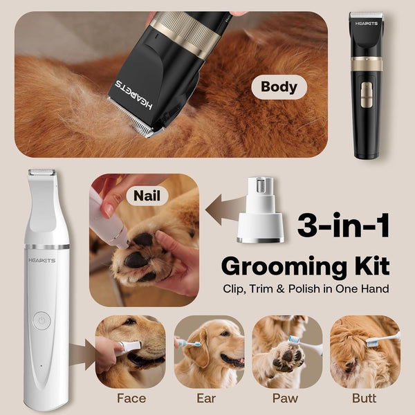HEAPETS Dog Hair Clippers for Grooming Kit and Dog Paw Trimmer Nail Grinder for Grooming, Low Noise Rechargeable Cordless, Shaver Grooming Supplies for Pet Cats Dogs (Black, White)2