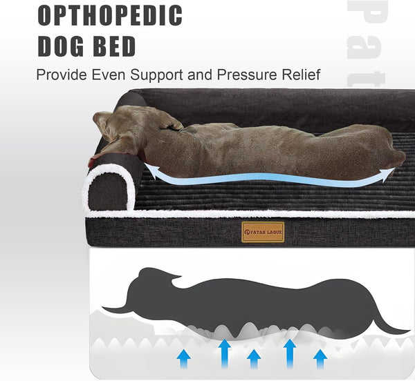 Patas Lague Orthopedic Dog Bed Large Sized Dog 36''X24'', Waterproof Comfortable L Bolster Medium Non-Slip Soft Warm Pet Crate Bed Sleep Sofa Mat with Removable Washable Cover Black3