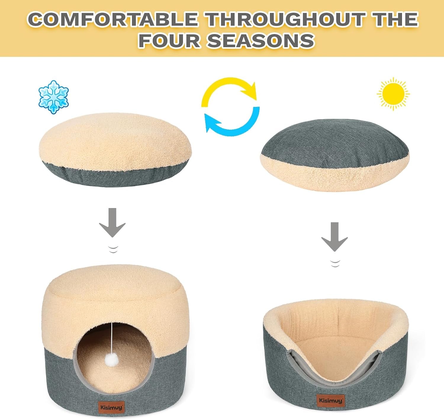 2-in-1-foldable-cat-bed-for-indoor-cats-cat-cave-sofa-bed-15-7d-x-13h-reversible-plush-linen-cushion-enclosed-cat-bed-hanging-cat-toys-non-slip-small-cat-house-grey
