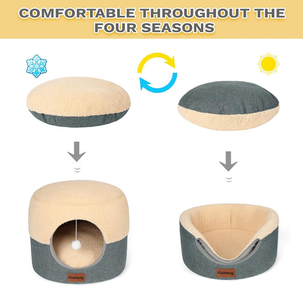 2-In-1 Foldable Cat Bed for Indoor Cats, Cat Cave & Sofa Bed | 15.7"D X 13"H, Reversible Plush & Linen Cushion,Enclosed Cat Bed, Hanging Cat Toys, Non-Slip, Small Cat House, Grey4