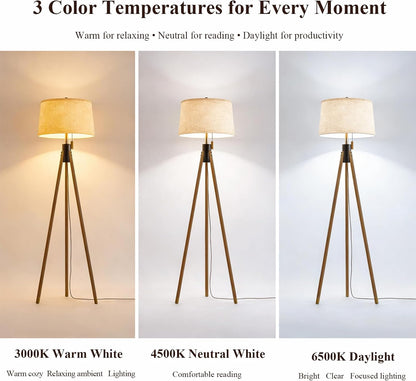 Mid Century Tripod Floor Lamp with Pull Chain,Black & Gold Finish | Two-Tone Solid Wood Design,Linen Tapered Drum Shade,Tall Standing Lamp for Living Room,Bedroom & Reading Corner,Bulb Included7
