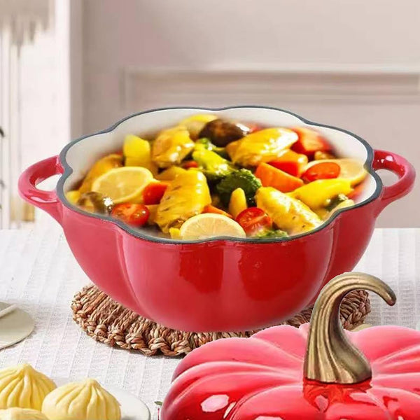 Pumpkin Cocotte with Lid & Handles,Pumpkin Dutch Oven Pot,Non Stick Pumpkin Pot,Serves 3-5,Enamel Cookware Crock for Porridge,Halloween Enamel Cast Iron Cooking Pot(Dark Red)4