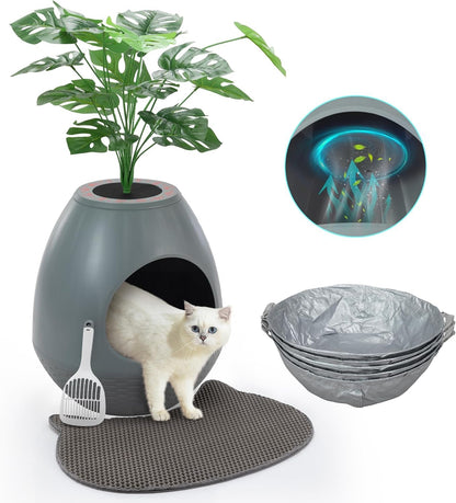 Eggloa6 Hidden Cat Litter Box with Artificial Plants ＆ Odor Removal System, Egg-Shaped Enclosure Includes Scoop ＆3PCS Liners Secret, Discreet Furniture, DIY Assembly Cat Litter Box Cabinet (Brown)18